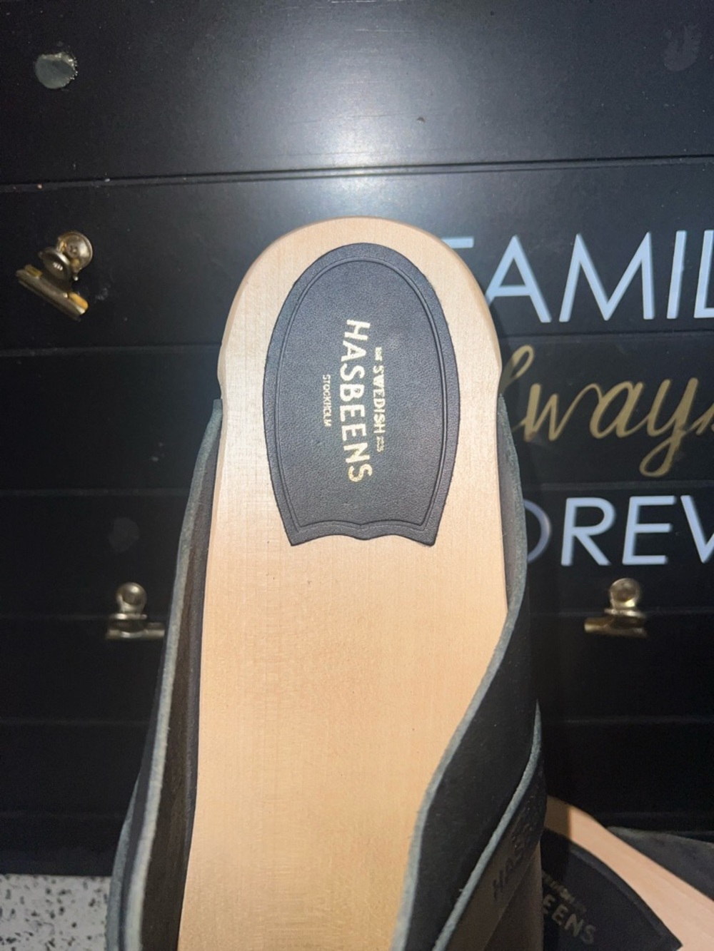 Swedish Hasbeens Black Leather Clog Mules